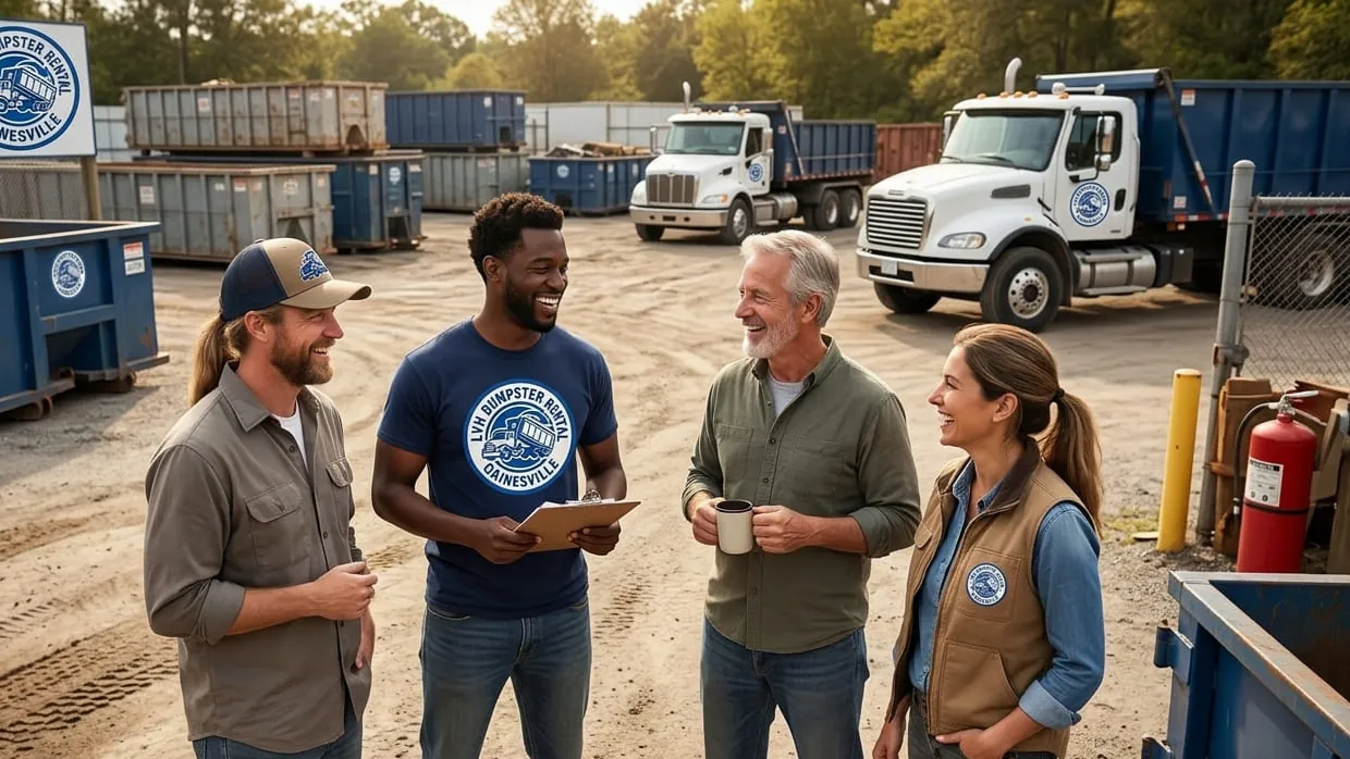 The LVH Dumpster Rental Gainesville crew talking through the day’s routes at the yard