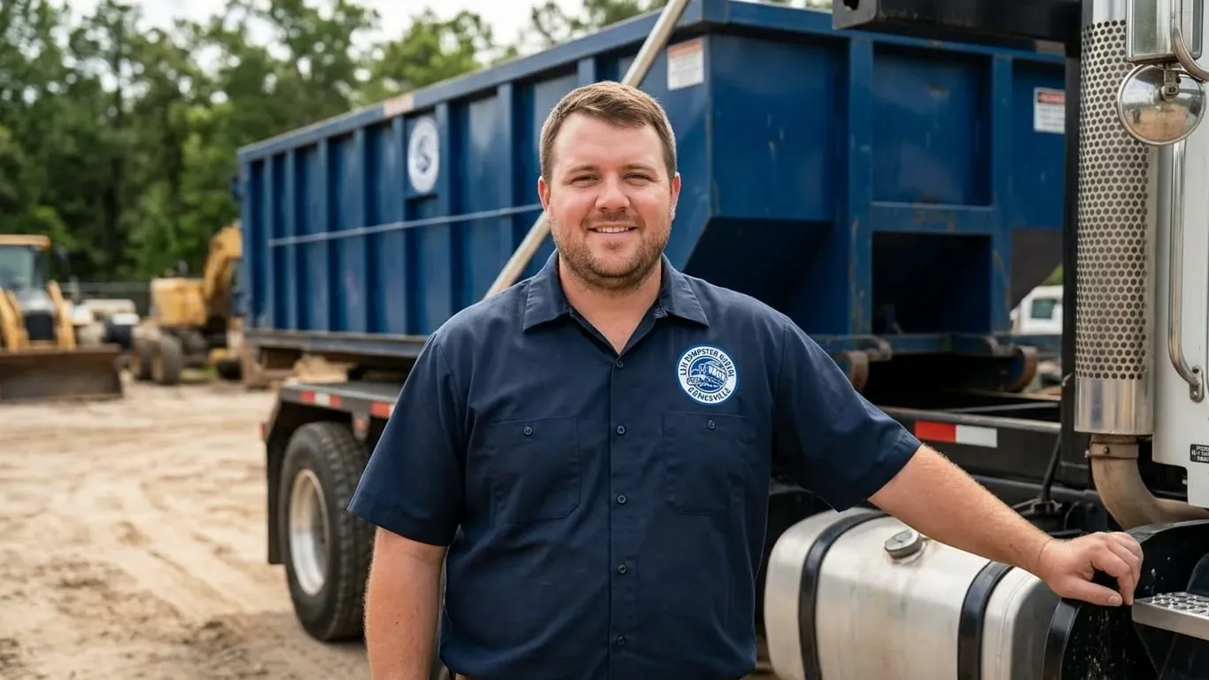 An LVH Dumpster Rental Gainesville driver beside the roll-off truck fleet on Northside Drive