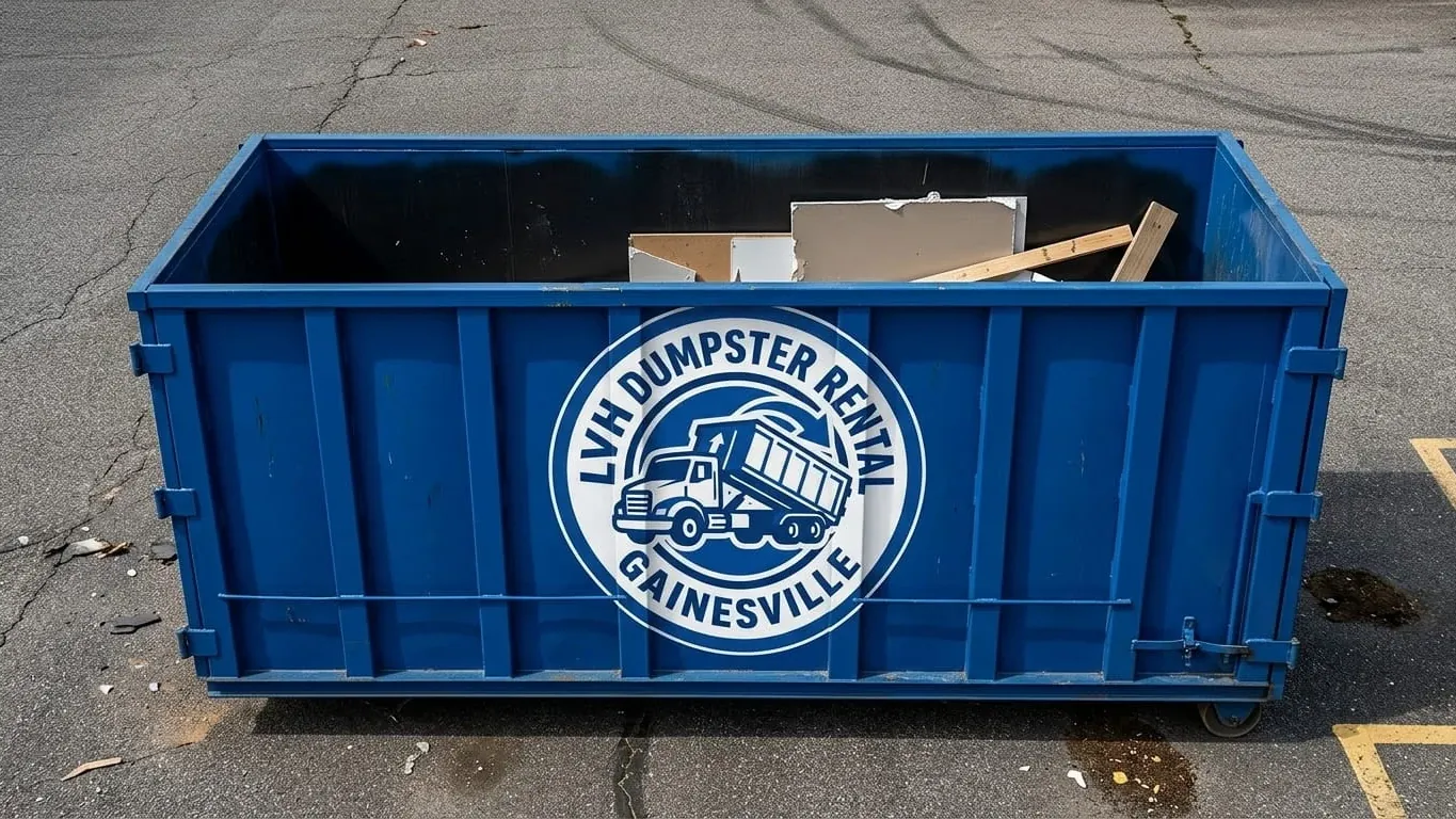 Junk removal in Gainesville, GA: a 15 yard roll-off beside a Hall County garage with an old sofa, a dead chest freezer, metal shelving, a mattress and boxed household clutter carried out and loaded flat across the container floor. Junk removal in Gainesville, GA: a 15 yard roll-off beside a Hall County garage with an old sofa, a dead chest freezer, metal shelving, a mattress and boxed household clutter carried out and loaded flat across the container floor.