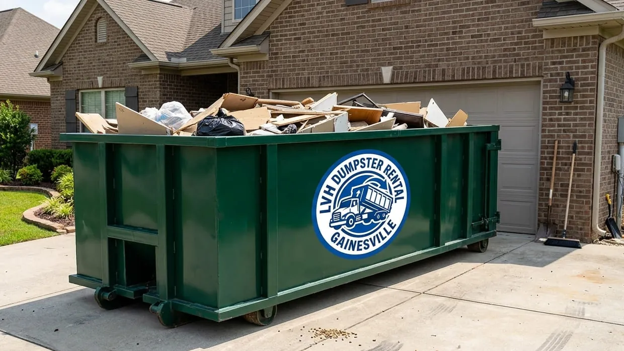 Residential dumpster rental in Gainesville, GA: a 20 yard roll-off set on plywood mats across a sloping red clay driveway beside a daylight basement walkout, with basement shelving, an old workbench, carpet rolls and attic boxes stacked flat across the floor of the container. Residential dumpster rental in Gainesville, GA: a 20 yard roll-off set on plywood mats across a sloping red clay driveway beside a daylight basement walkout, with basement shelving, an old workbench, carpet rolls and attic boxes stacked flat across the floor of the container.