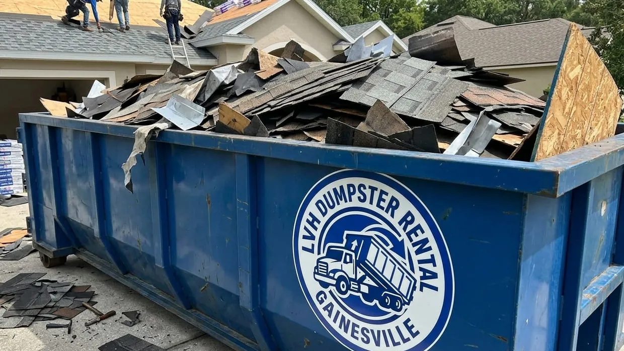 Roofing tear-off dumpster sizing in Gainesville, Georgia — shingle layers loaded flat by weight, not by volume Roofing tear-off dumpster sizing in Gainesville, Georgia — shingle layers loaded flat by weight, not by volume